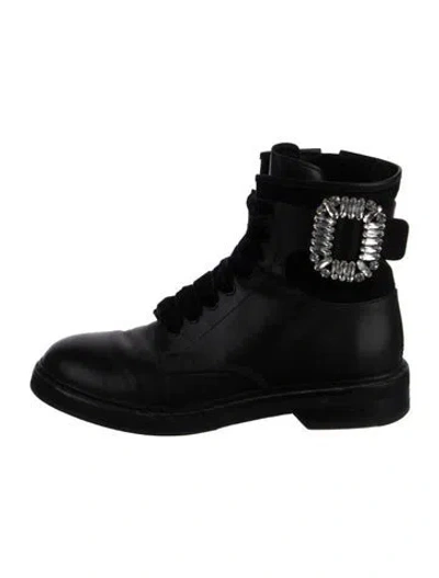 Pre-owned Roger Vivier Leather Crystal Embellishments Combat Boots In Black
