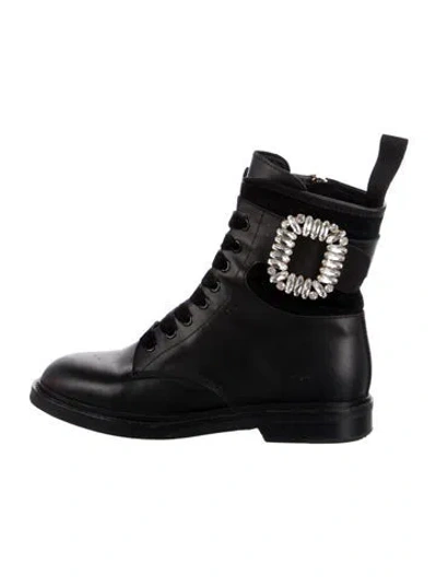 Pre-owned Roger Vivier Leather Crystal Embellishments Combat Boots In Black