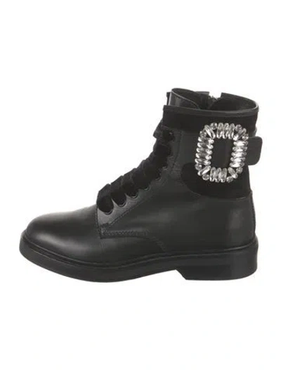 Pre-owned Roger Vivier Leather Crystal Embellishments Combat Boots In Black