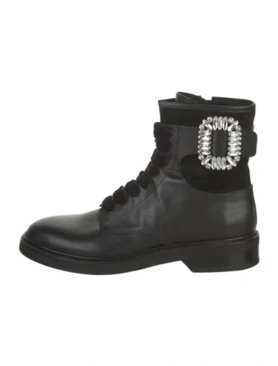 Pre-owned Roger Vivier Leather Crystal Embellishments Combat Boots In Black