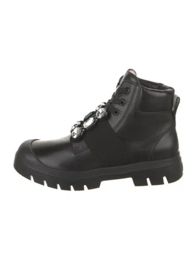 Pre-owned Roger Vivier Leather Crystal Embellishments Combat Boots In Black