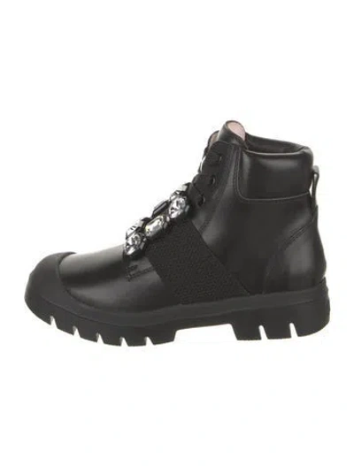 Pre-owned Roger Vivier Leather Crystal Embellishments Combat Boots In Black