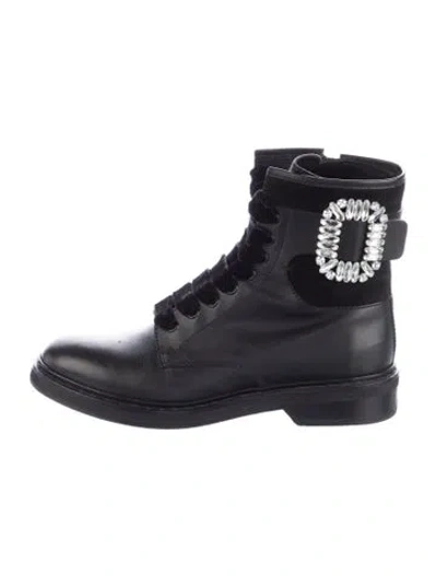 Pre-owned Roger Vivier Leather Crystal Embellishments Lace-up Boots In Black