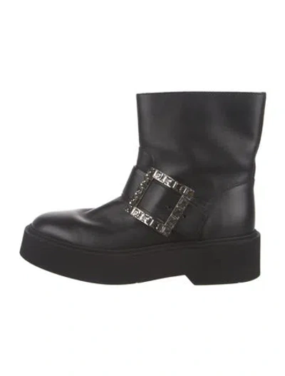 Pre-owned Roger Vivier Leather Crystal Embellishments Moto Boots In Black