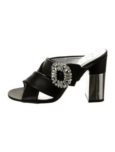 Pre-owned Roger Vivier Leather Crystal Embellishments Slides In Black