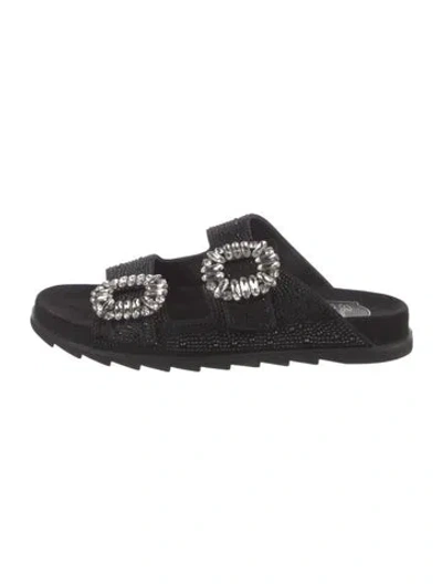 Pre-owned Roger Vivier Leather Crystal Embellishments Slides In Black