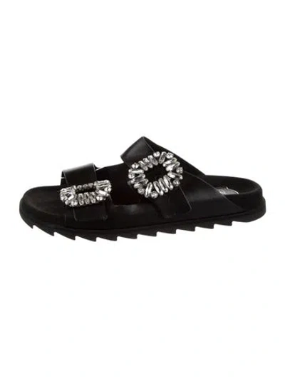 Pre-owned Roger Vivier Leather Crystal Embellishments Slides In Black