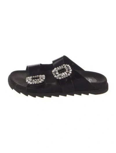 Pre-owned Roger Vivier Leather Crystal Embellishments Slides In Black