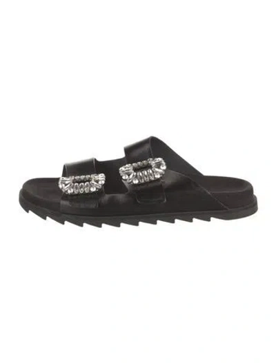 Pre-owned Roger Vivier Leather Crystal Embellishments Slides In Black