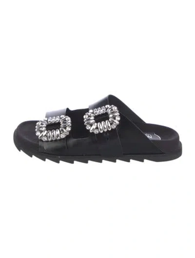 Pre-owned Roger Vivier Leather Crystal Embellishments Slides In Black