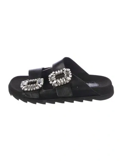 Pre-owned Roger Vivier Leather Crystal Embellishments Slides In Black