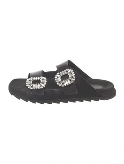 Pre-owned Roger Vivier Leather Crystal Embellishments Slides In Black