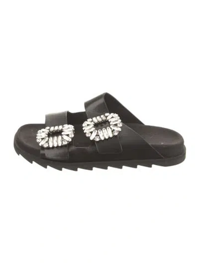 Pre-owned Roger Vivier Leather Crystal Embellishments Slides In Black