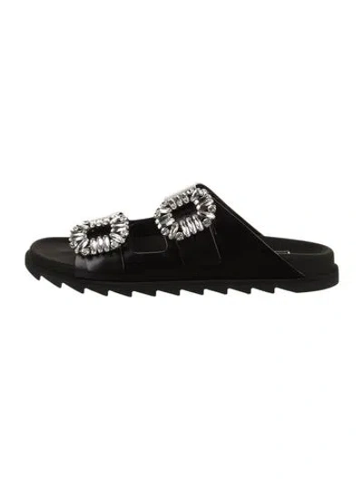 Pre-owned Roger Vivier Leather Crystal Embellishments Slides In Black