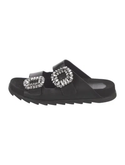 Pre-owned Roger Vivier Leather Crystal Embellishments Slides In Black