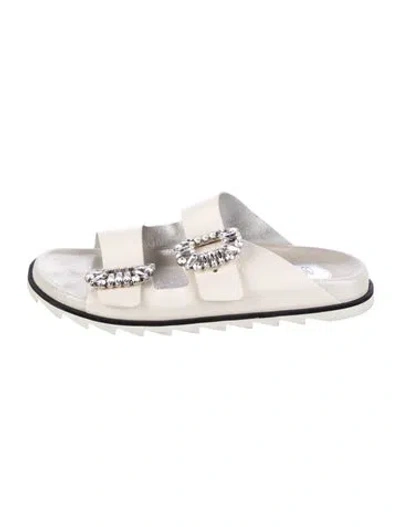 Pre-owned Roger Vivier Leather Crystal Embellishments Slides In Neutral