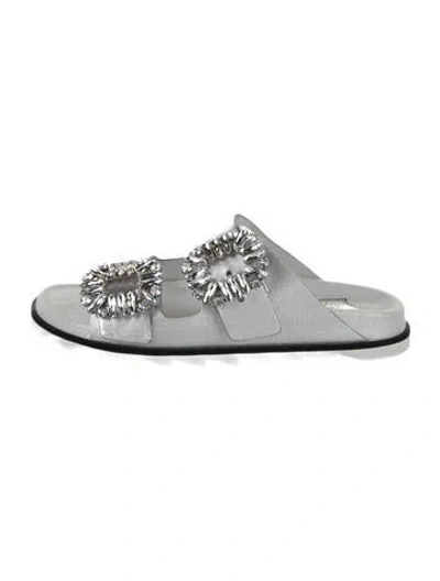 Pre-owned Roger Vivier Leather Crystal Embellishments Slides In Silver