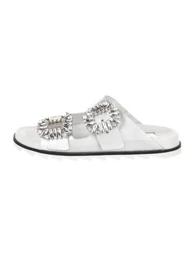 Pre-owned Roger Vivier Leather Crystal Embellishments Slides In Silver