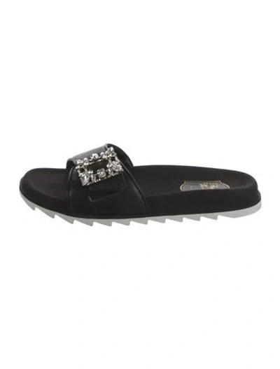 Pre-owned Roger Vivier Leather Crystal Embellishments Slides W/ Tags In Black