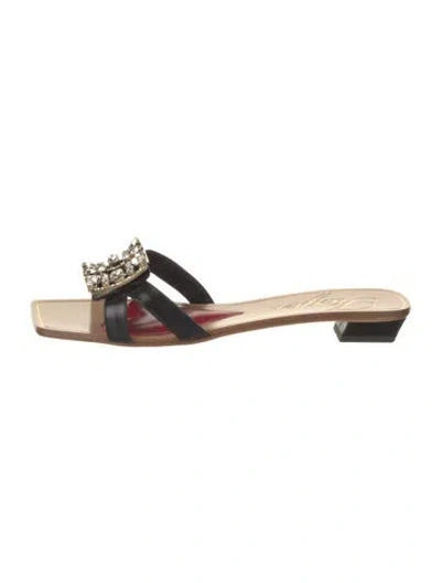 Pre-owned Roger Vivier Leather Crystal Embellishments Slides W/ Tags In Black