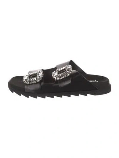 Pre-owned Roger Vivier Leather Crystal Embellishments Slides W/ Tags In Black