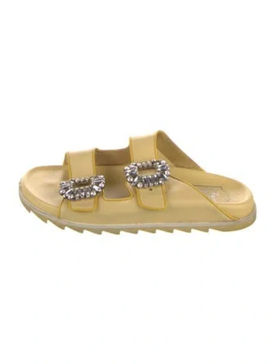 Pre-owned Roger Vivier Leather Crystal Embellishments Slides In Yellow