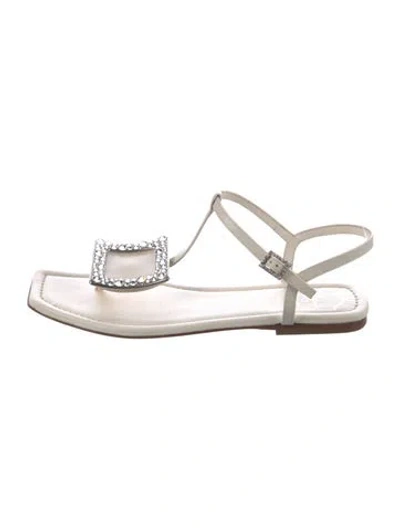 Pre-owned Roger Vivier Leather Crystal Embellishments T-strap Sandals In Neutral