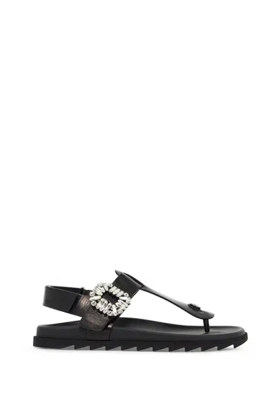 Roger Vivier Elegant Leather Flip Flops With Strass Buckle In Black