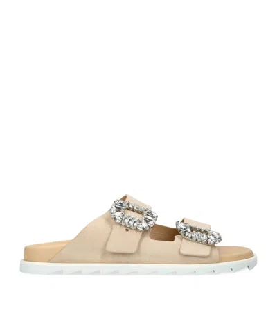 ROGER VIVIER LEATHER SLIDY VIV STRASS SANDALS