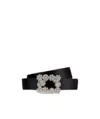 Roger Vivier Floral Crystal Buckle Belt In Satin In Black