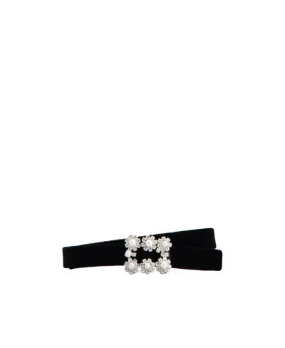 ROGER VIVIER FLOWER STRASS PEARL BUCKLE BELT IN VELVET