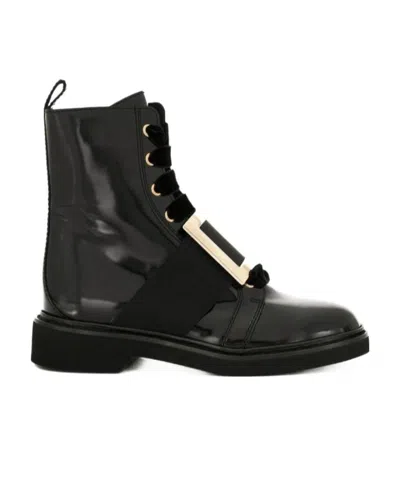 Roger Vivier Metal Buckle Velvet Shoelace Ankle Boots In Black
