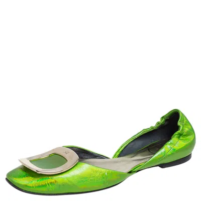 Roger Vivier Metallic Green Leather Flats