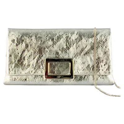 Pre-owned Roger Vivier Metallic Silver Textured Leather Clutch Handbag In Sand
