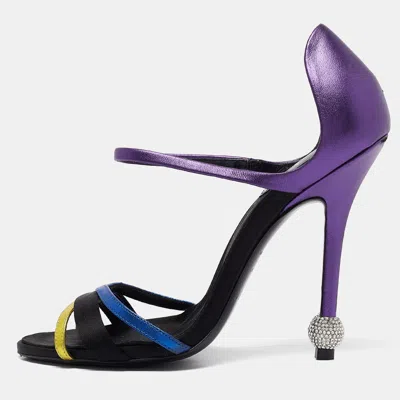 Pre-owned Roger Vivier Metallic/black Leather And Satin Sandals Size 36 In Purple