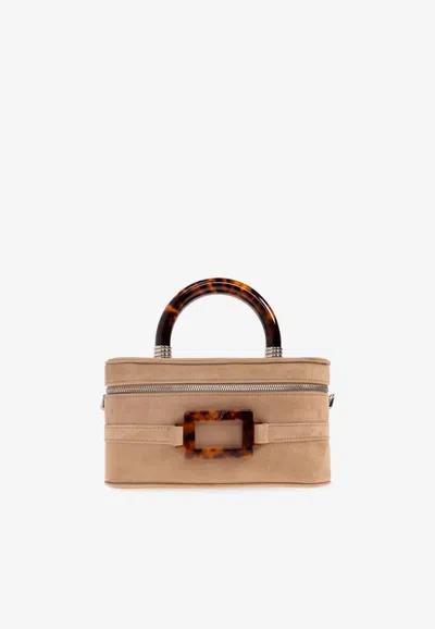 Roger Vivier Mini Belle Viver Suede Top Handle Bag In Beige