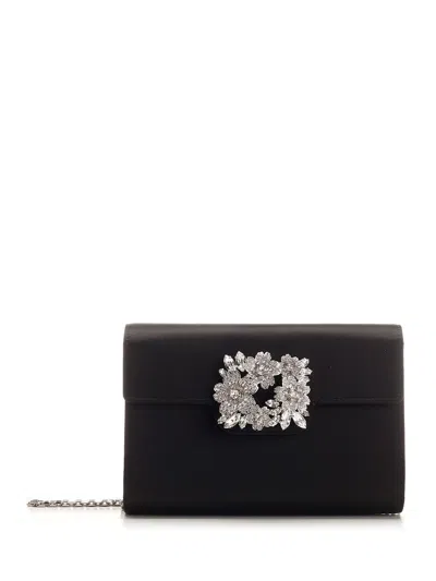 Roger Vivier Mini Clutch Bag With Rhinestone Bouquet In Black