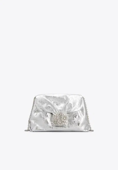 Roger Vivier Mini Drape Bouquet Crystal Buckle Clutch In Metallic Leather In Silver