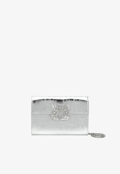Roger Vivier Mini Efflorescence Metallic Leather Clutch In Silver
