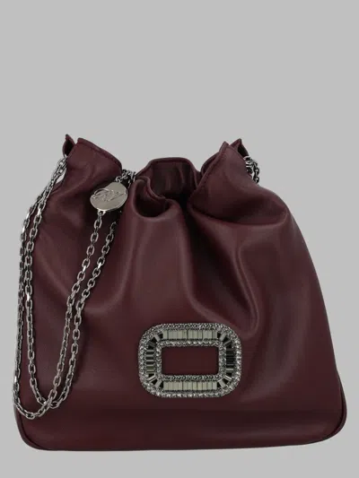 Roger Vivier Mini Leather Drawstring Shoulder Bag, 21 Cm X 23 Cm X 5 Cm In Bordeaux