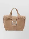 Roger Vivier Mini Leather Tote Bag With Shearling Trim In Neutral