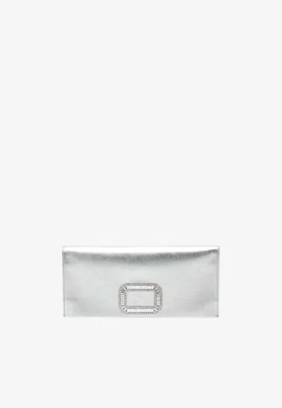 Roger Vivier Mini Pilgrim Metallic Leather Clutch In Silver
