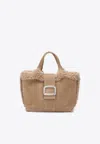Roger Vivier Mini Leather Tote Bag With Shearling Trim In Neutral