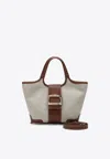 Roger Vivier Mini Viv Choc Canvas Shopping Bag In Beige