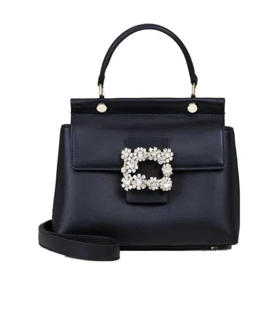 Roger Vivier Mini Viv'flower Strass Handbag In Black