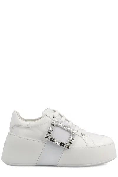 Roger Vivier Viv Skate Crystal-embellished Rubber-trimmed Leather Sneakers In White