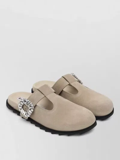 Roger Vivier Mules Round Toe Flat Sole Suede Buckle In Brown