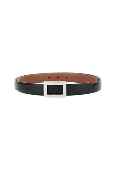 Roger Vivier Narrow Black Belt With Rectangular Silver Buckle In Brown
