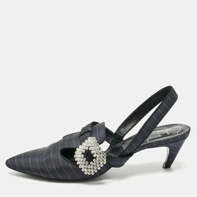 Roger Vivier Navy Blue Fabric Crystal Embellished Slingback Pumps