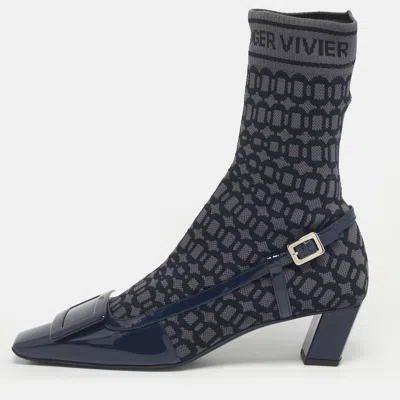 Pre-owned Roger Vivier Navy Blue Patent Leather And Knit Fabric Belle Vivier Sock Boots Size 40